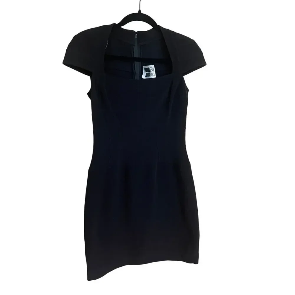 Vintage Y2K Tadashi Black Bodycon Mini Dress Textured Bandage Square Neck-Small